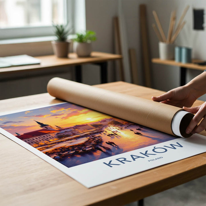 Krakow Poster - Poland Travel Art - Vibrant Market Sunset Home Decor
