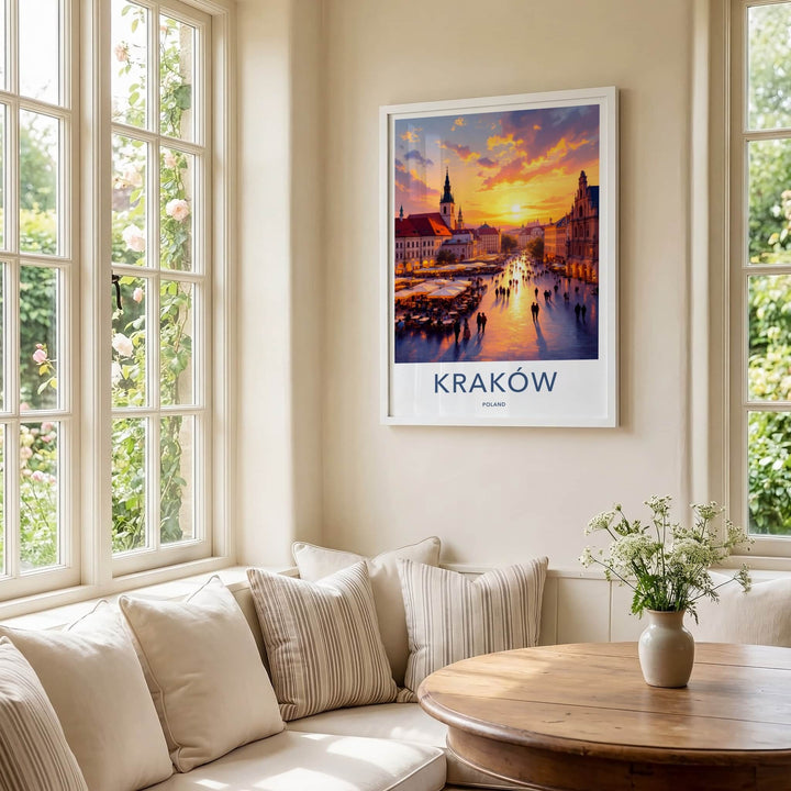 Krakow Poster - Poland Travel Art - Vibrant Market Sunset Home Decor