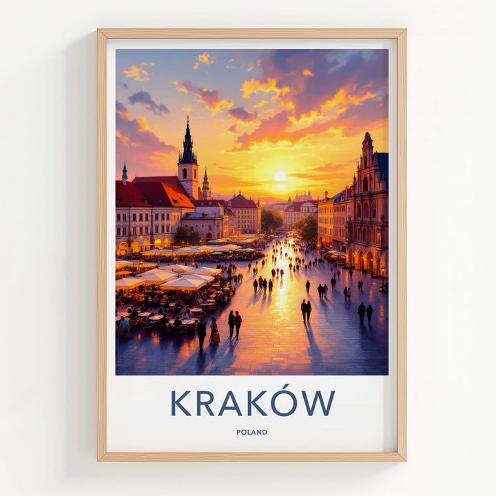 Krakow Poster - Poland Travel Art - Vibrant Market Sunset Home Decor