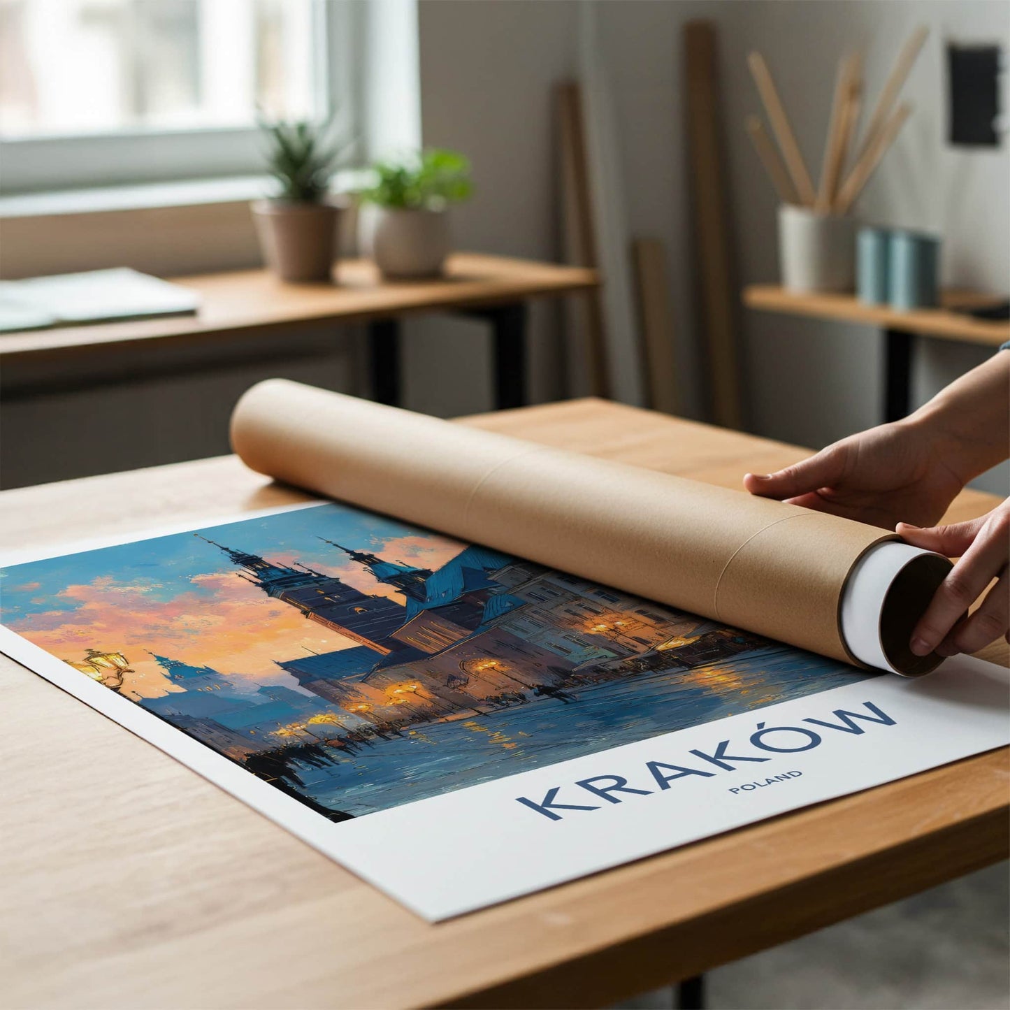 Krakow Poster - Poland Travel Print - Evening Cityscape Home Decor