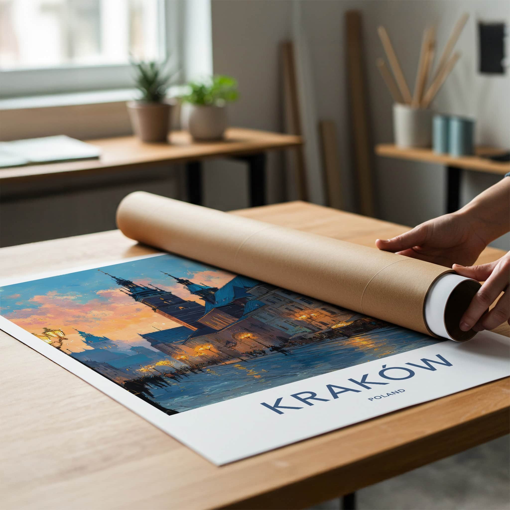 Krakow Poster - Poland Travel Print - Evening Cityscape Home Decor