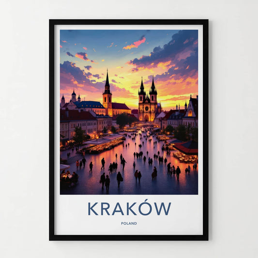 Krakow Poster - Poland Wall Art - Historic Square Evening Home Decor