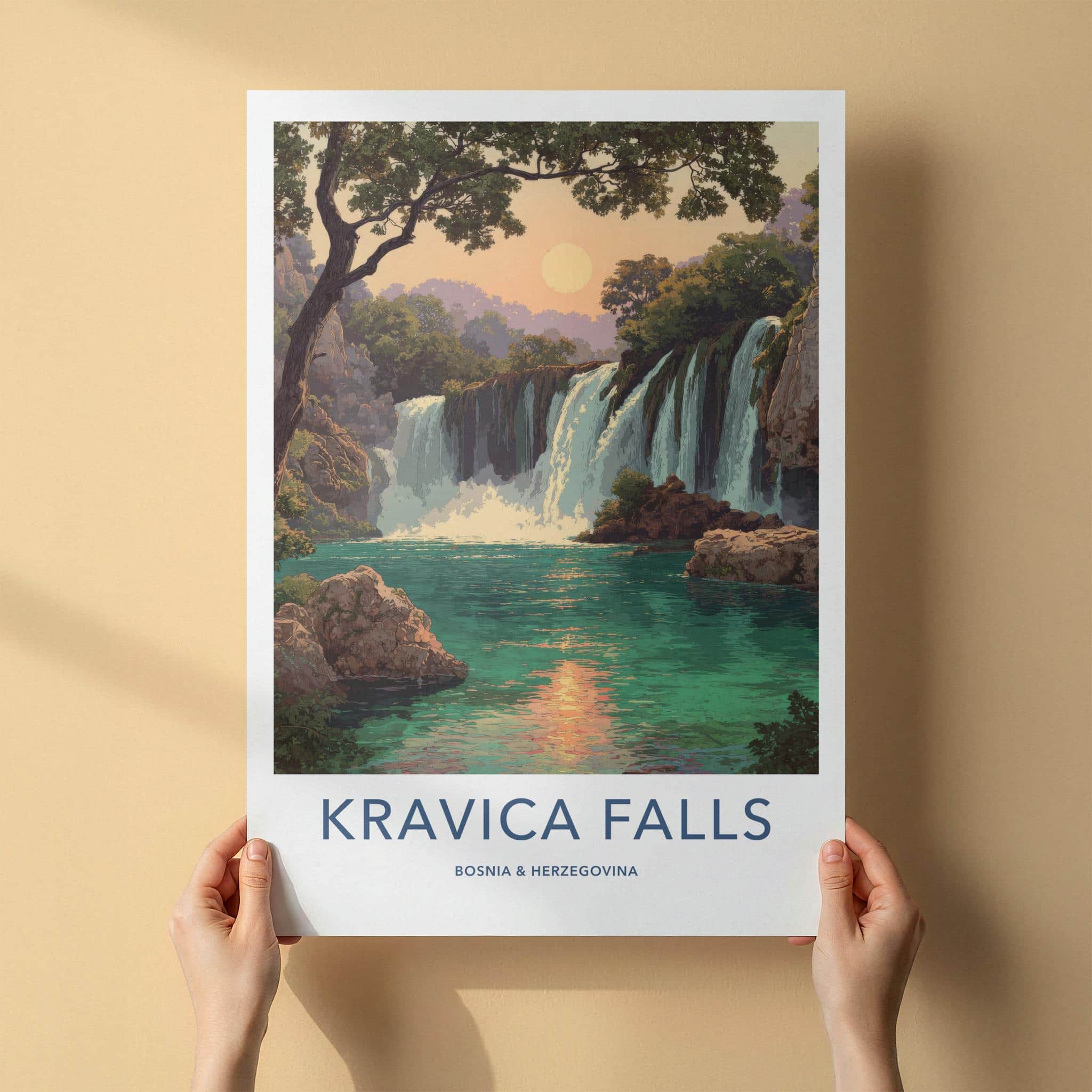 Kravica Falls Poster - Bosnia Herzegovina Wall Art - Lush Sunset Waterfall Home Decor