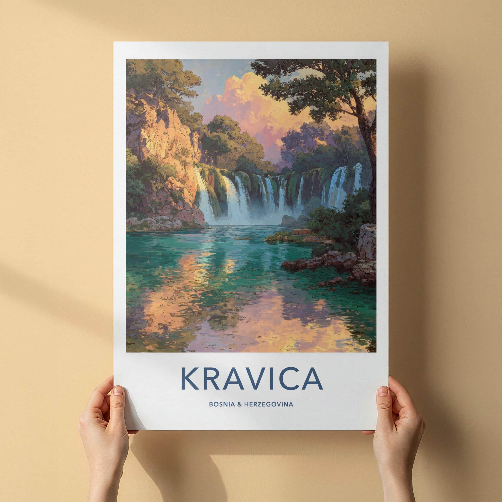 Kravica Poster - Bosnia Herzegovina Travel Art - Lush Waterfall Scene Home Decor