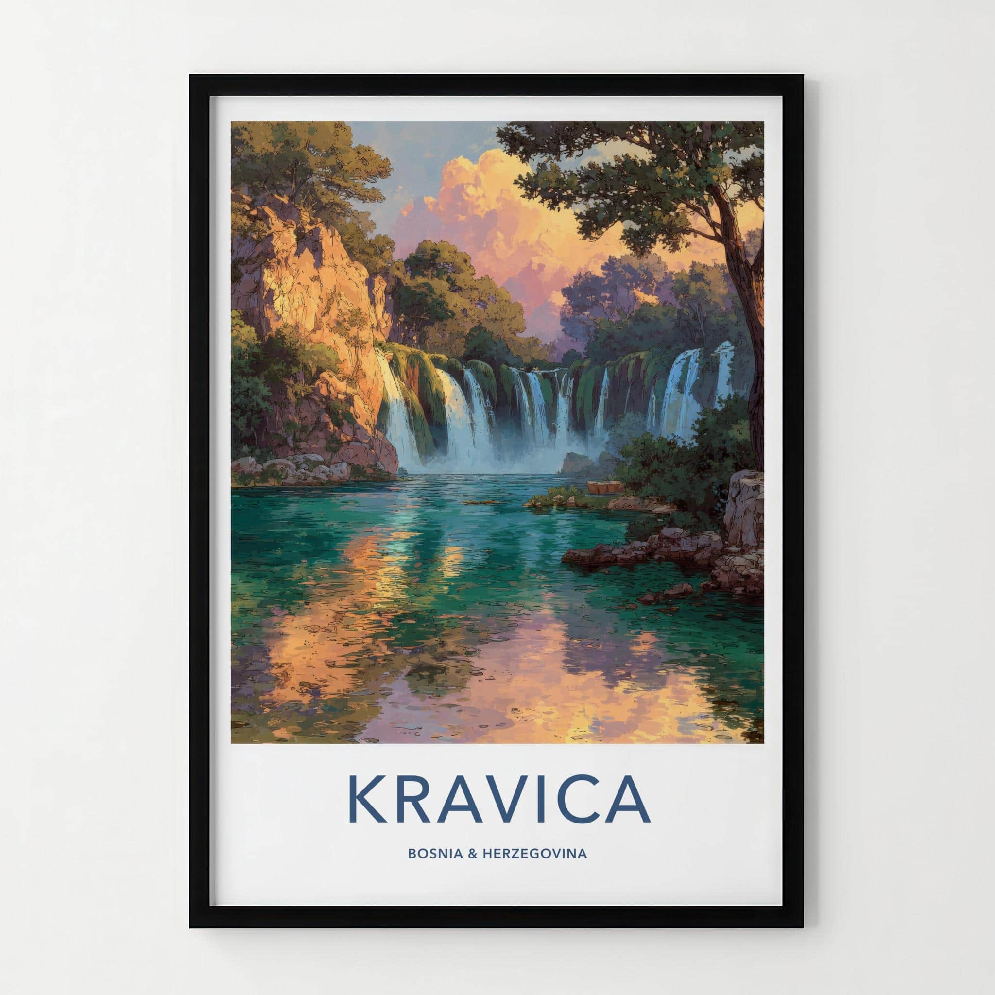 Kravica Poster - Bosnia Herzegovina Travel Art - Lush Waterfall Scene Home Decor