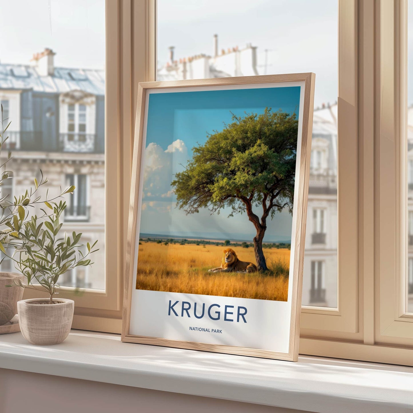 Kruger National Park Poster - South Africa Travel Art - Lion Resting Shade Home Decor