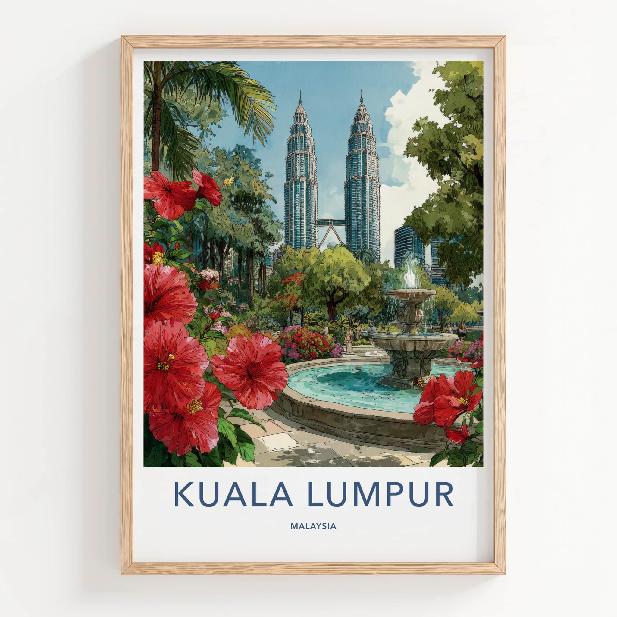 Kuala Lumpur Poster - Malaysia Framed Art - Fountain Red Hibiscus Home Decor