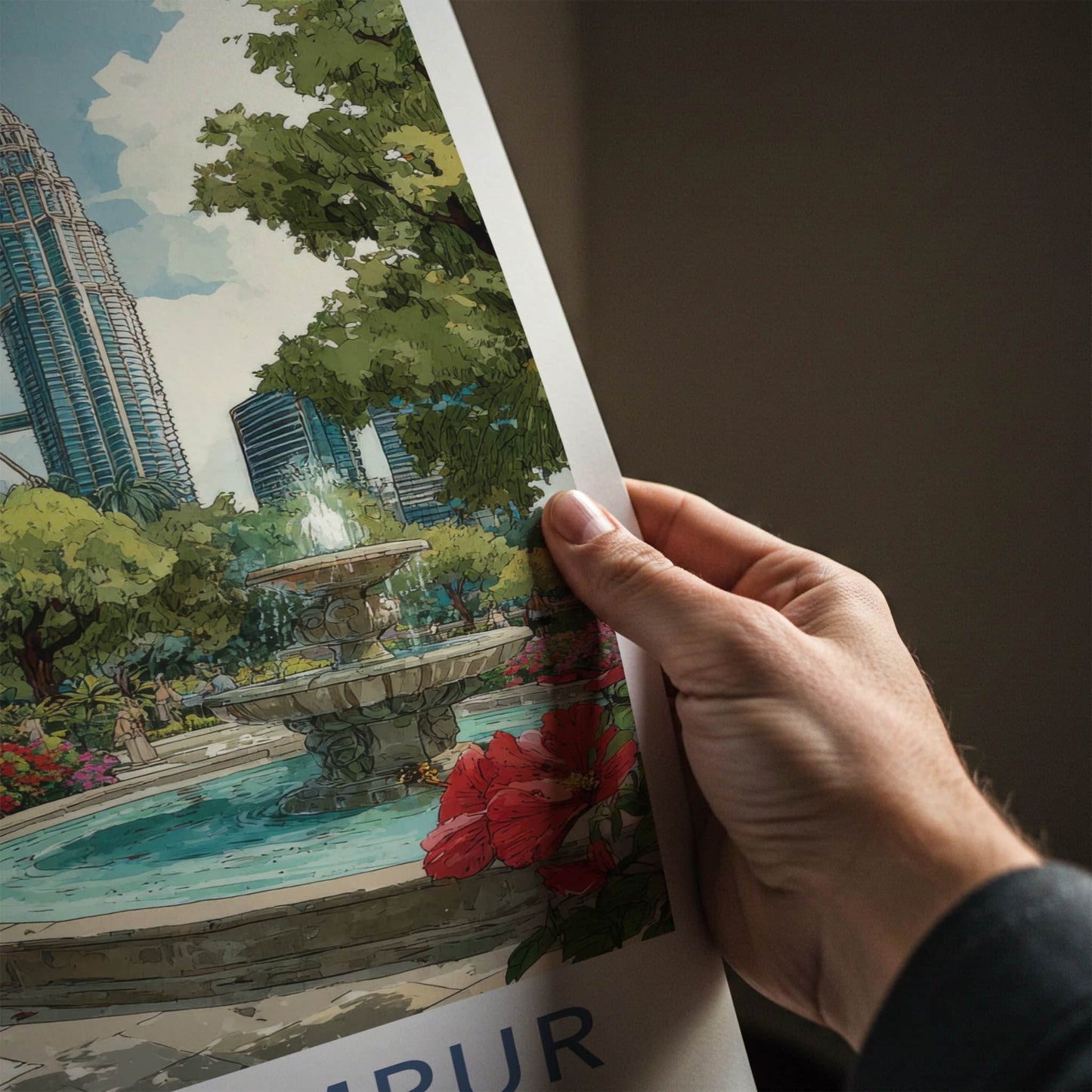 Kuala Lumpur Poster - Malaysia Framed Art - Fountain Red Hibiscus Home Decor