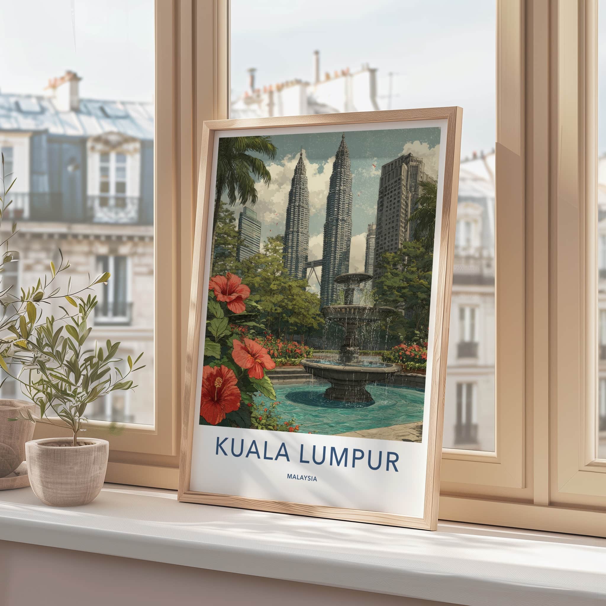 Kuala Lumpur Poster - Malaysia Framed Print - Twin Skyscrapers Fountain Wall Art