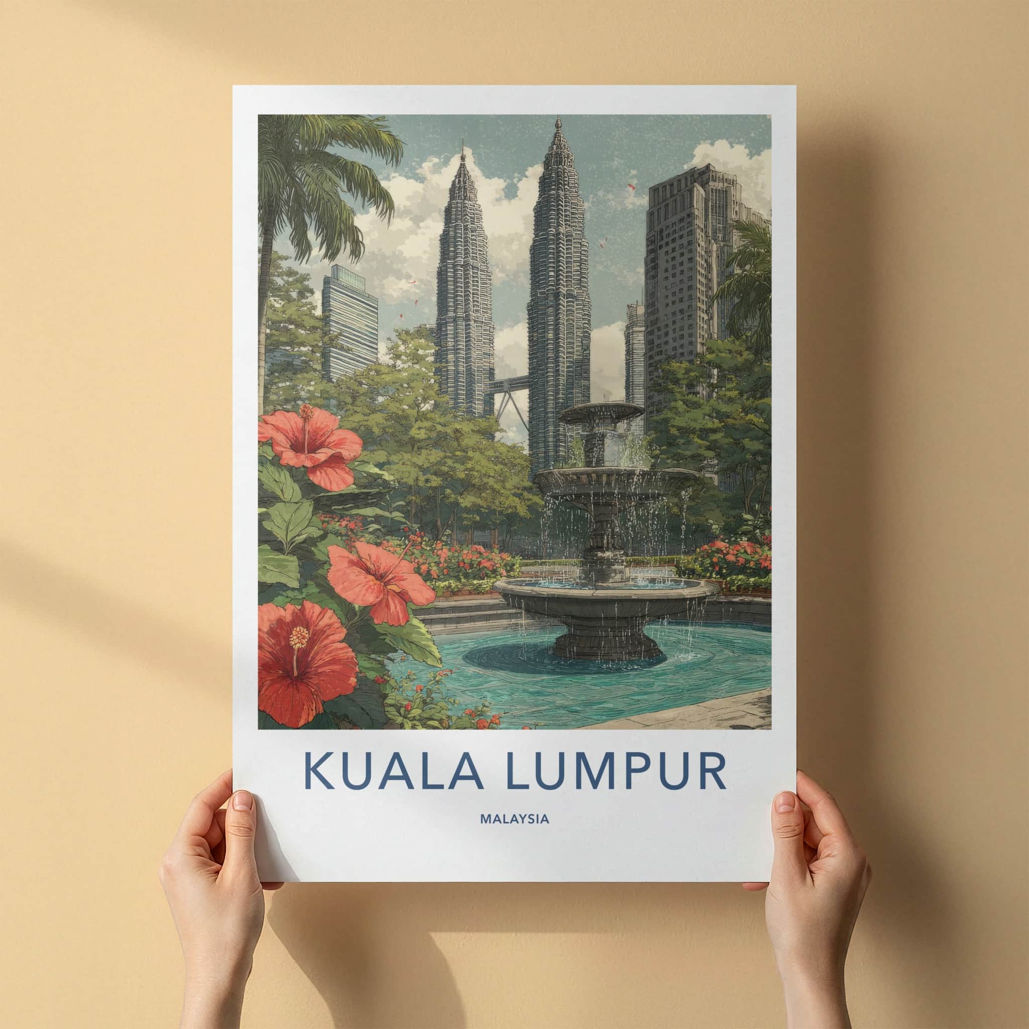 Kuala Lumpur Poster - Malaysia Framed Print - Twin Skyscrapers Fountain Wall Art