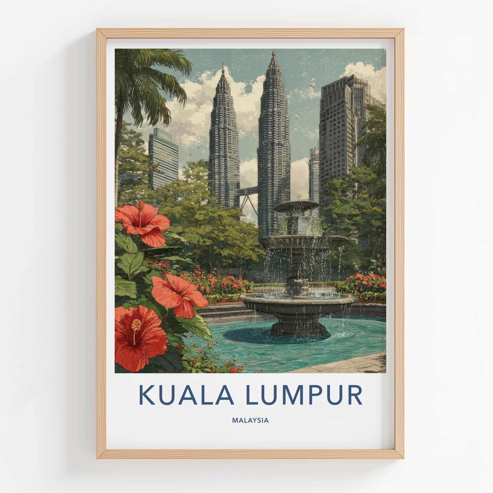 Kuala Lumpur Poster - Malaysia Framed Print - Twin Skyscrapers Fountain Wall Art