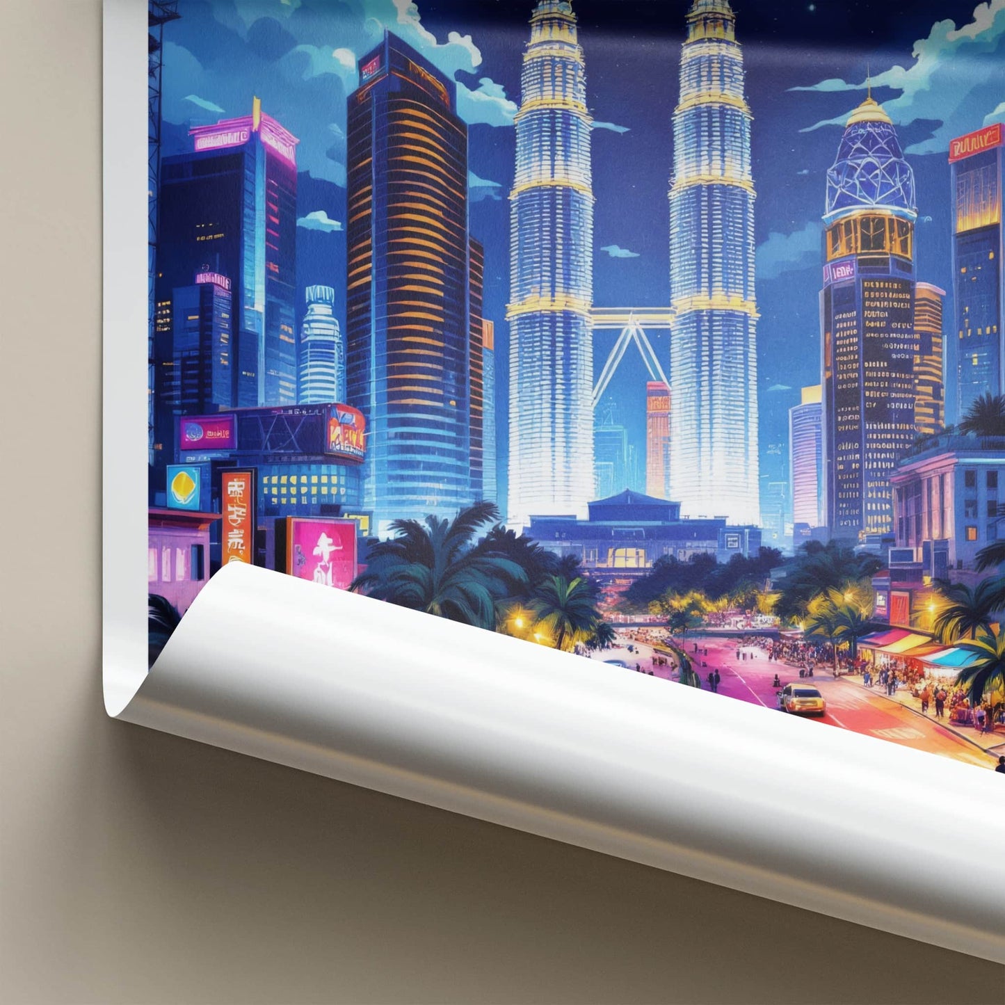 Kuala Lumpur Poster - Malaysia Travel Art - Moonlit Cityscape Towers Home Decor