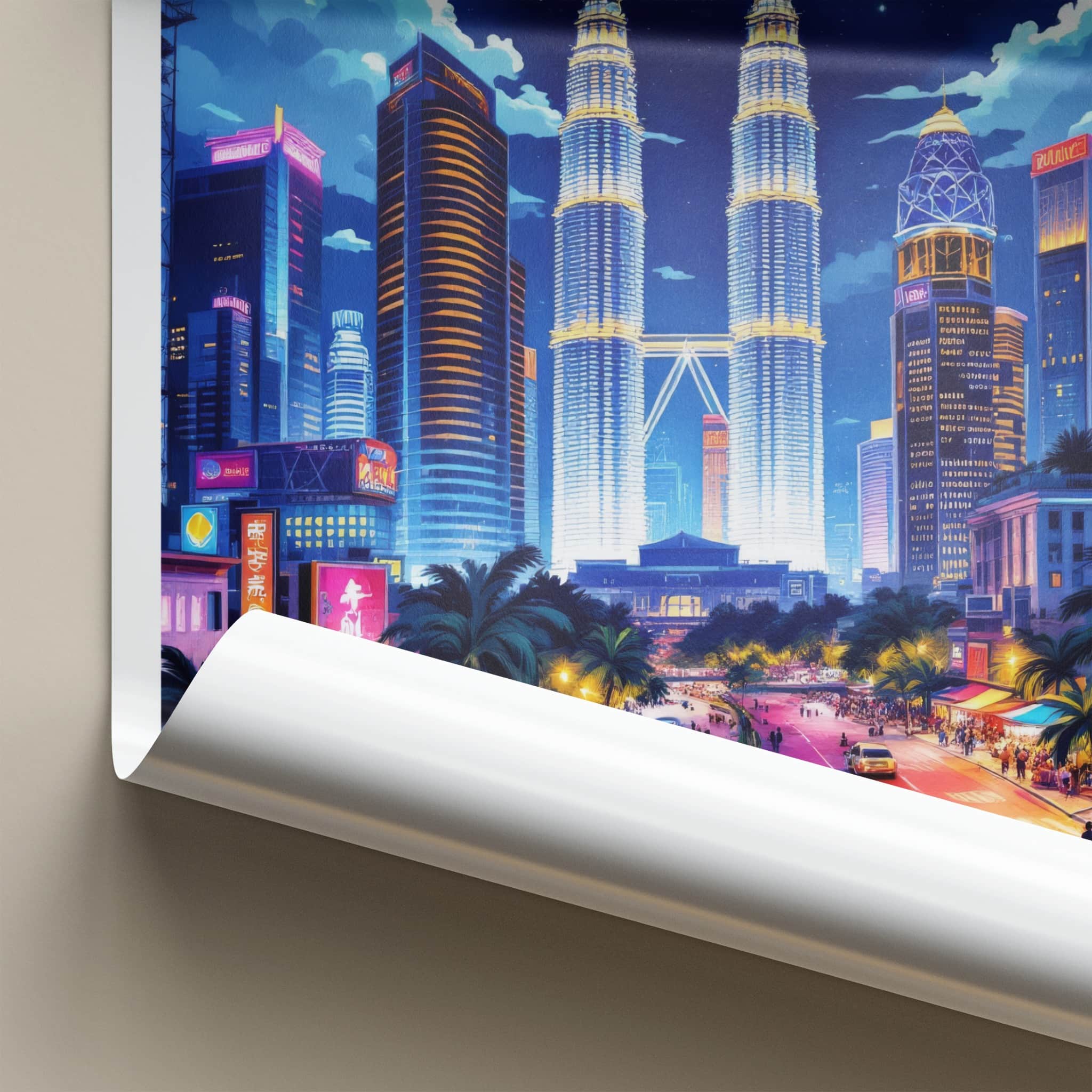 Kuala Lumpur Poster - Malaysia Travel Art - Moonlit Cityscape Towers Home Decor