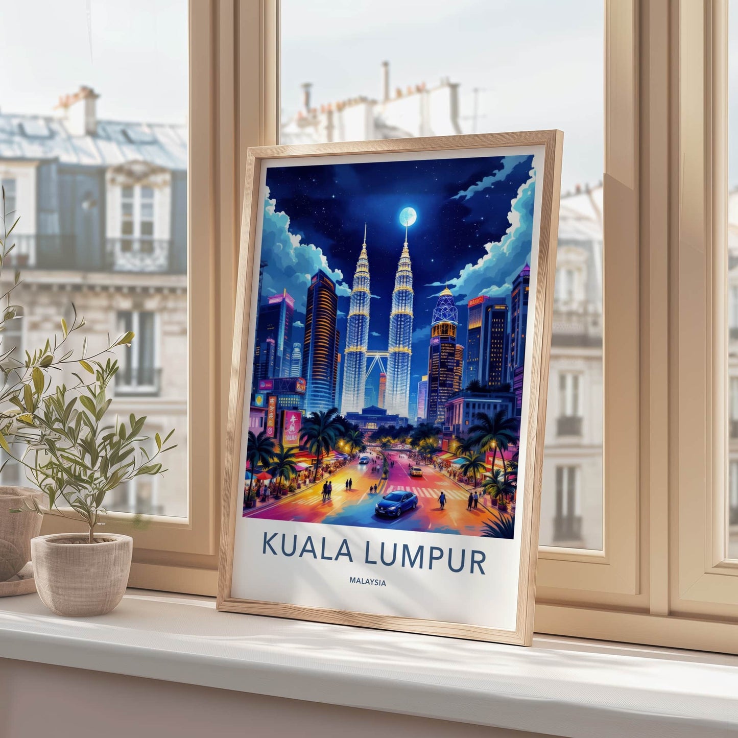 Kuala Lumpur Poster - Malaysia Travel Art - Moonlit Cityscape Towers Home Decor
