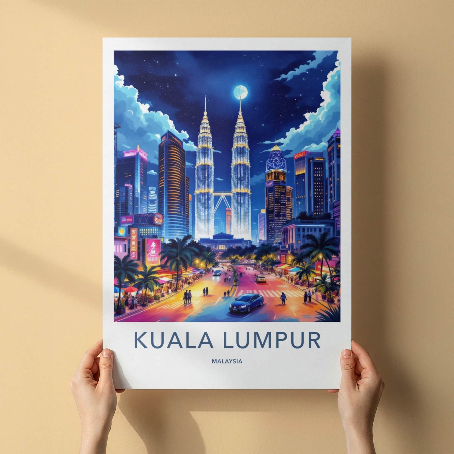 Kuala Lumpur Poster - Malaysia Travel Art - Moonlit Cityscape Towers Home Decor