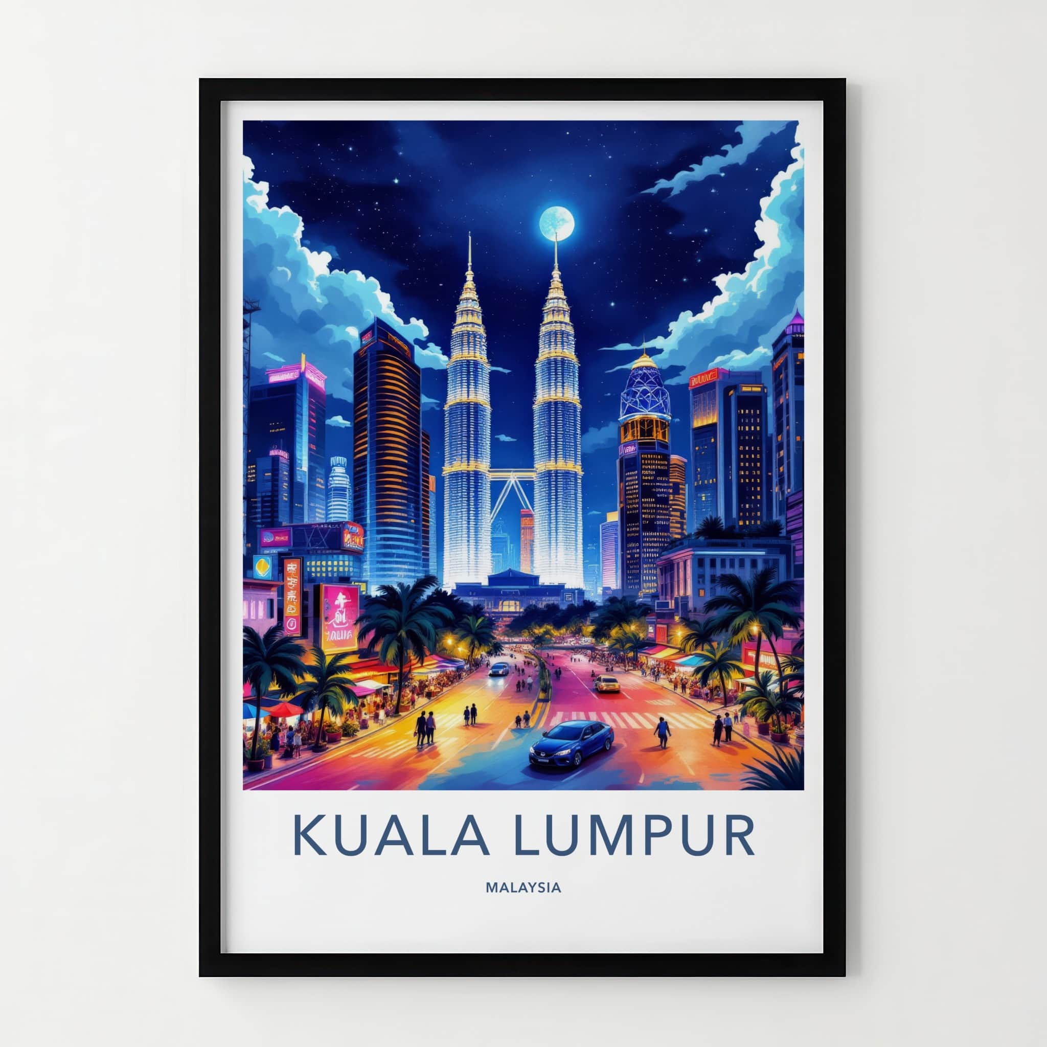 Kuala Lumpur Poster - Malaysia Travel Art - Moonlit Cityscape Towers Home Decor