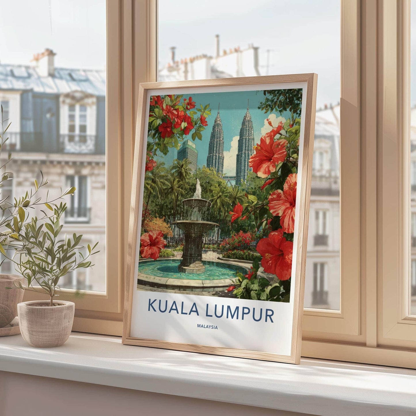 Kuala Lumpur Poster - Malaysia Wall Art - Towers Fountain Flowers Home Decor