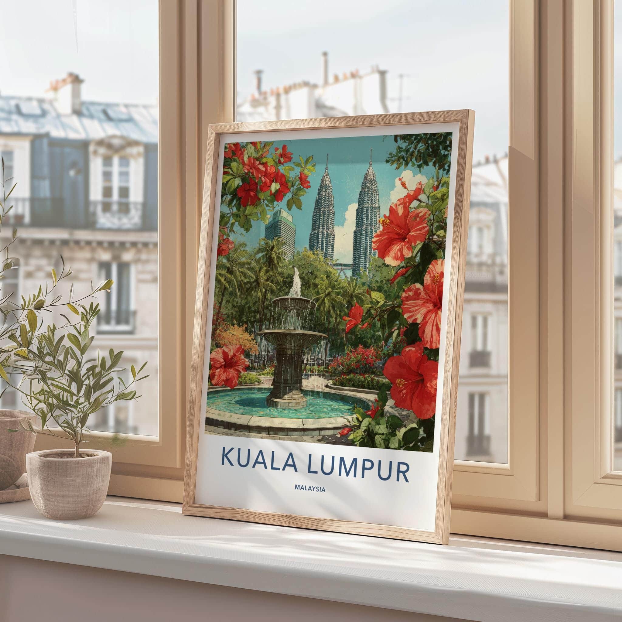 Kuala Lumpur Poster - Malaysia Wall Art - Towers Fountain Flowers Home Decor