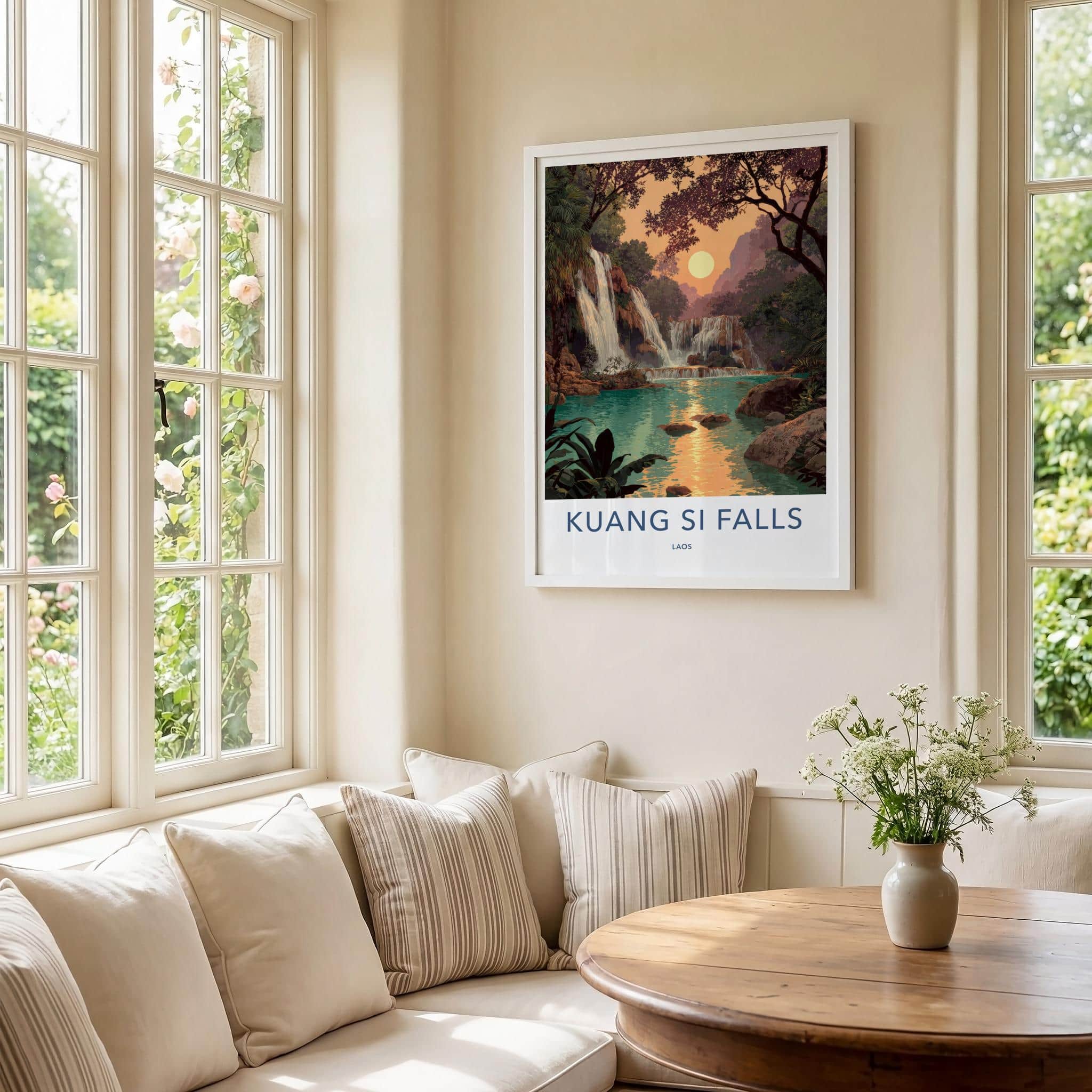Kuang Si Falls Poster - Laos Travel Art - Golden Hour Waterfall Home Decor