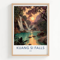 Kuang Si Falls Poster - Laos Travel Art - Golden Hour Waterfall Home Decor