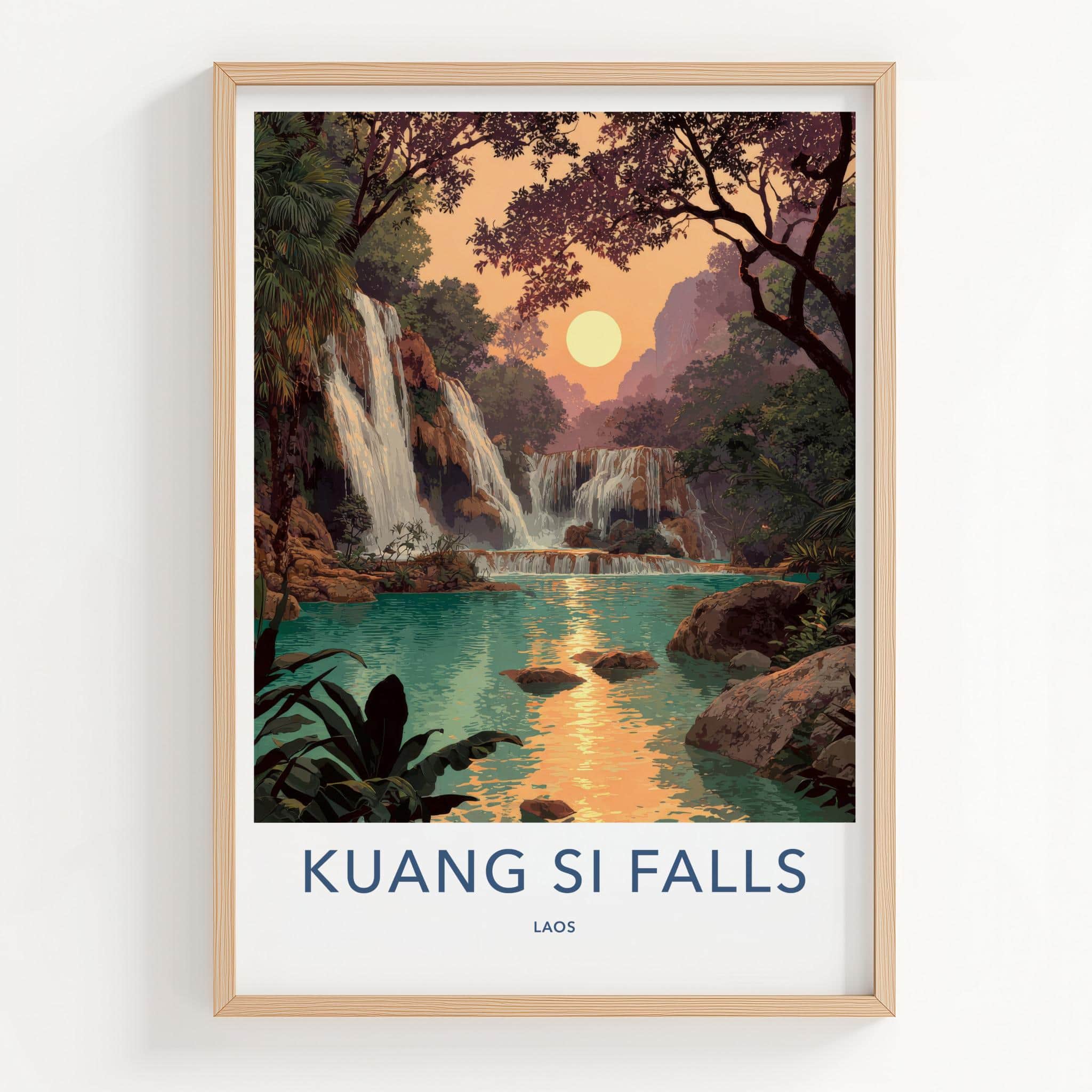Kuang Si Falls Poster - Laos Travel Art - Golden Hour Waterfall Home Decor