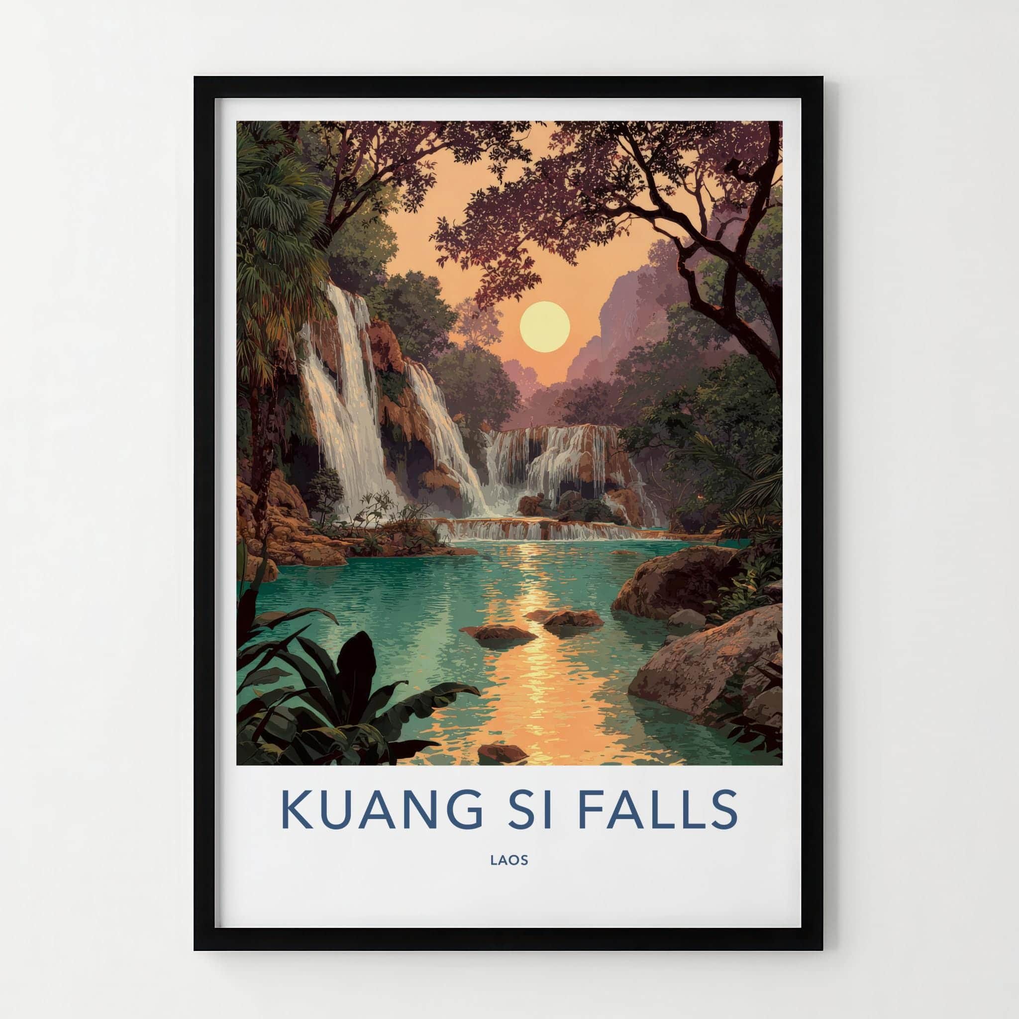 Kuang Si Falls Poster - Laos Travel Art - Golden Hour Waterfall Home Decor