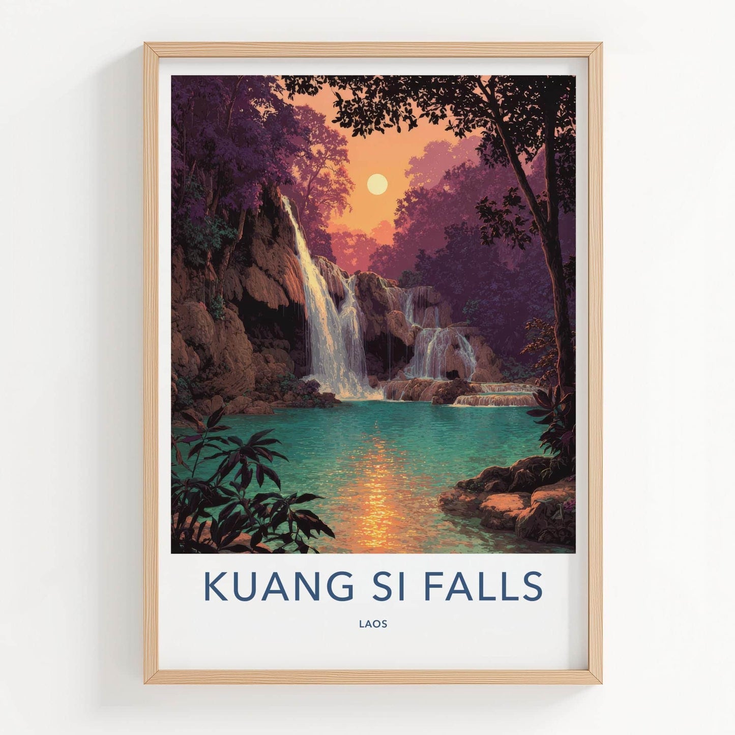 Kuang Si Falls Poster - Laos Travel Art - Jungle Falls Sunset Home Decor