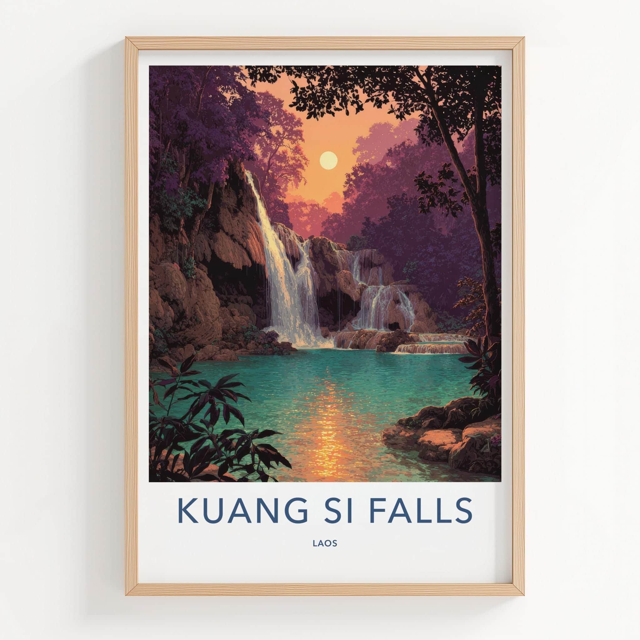 Kuang Si Falls Poster - Laos Travel Art - Jungle Falls Sunset Home Decor