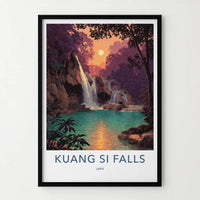 Kuang Si Falls Poster - Laos Travel Art - Jungle Falls Sunset Home Decor