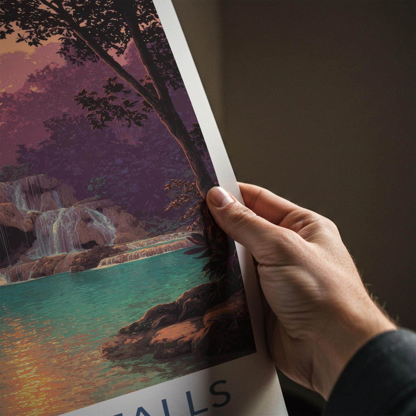 Kuang Si Falls Poster - Laos Travel Art - Jungle Falls Sunset Home Decor