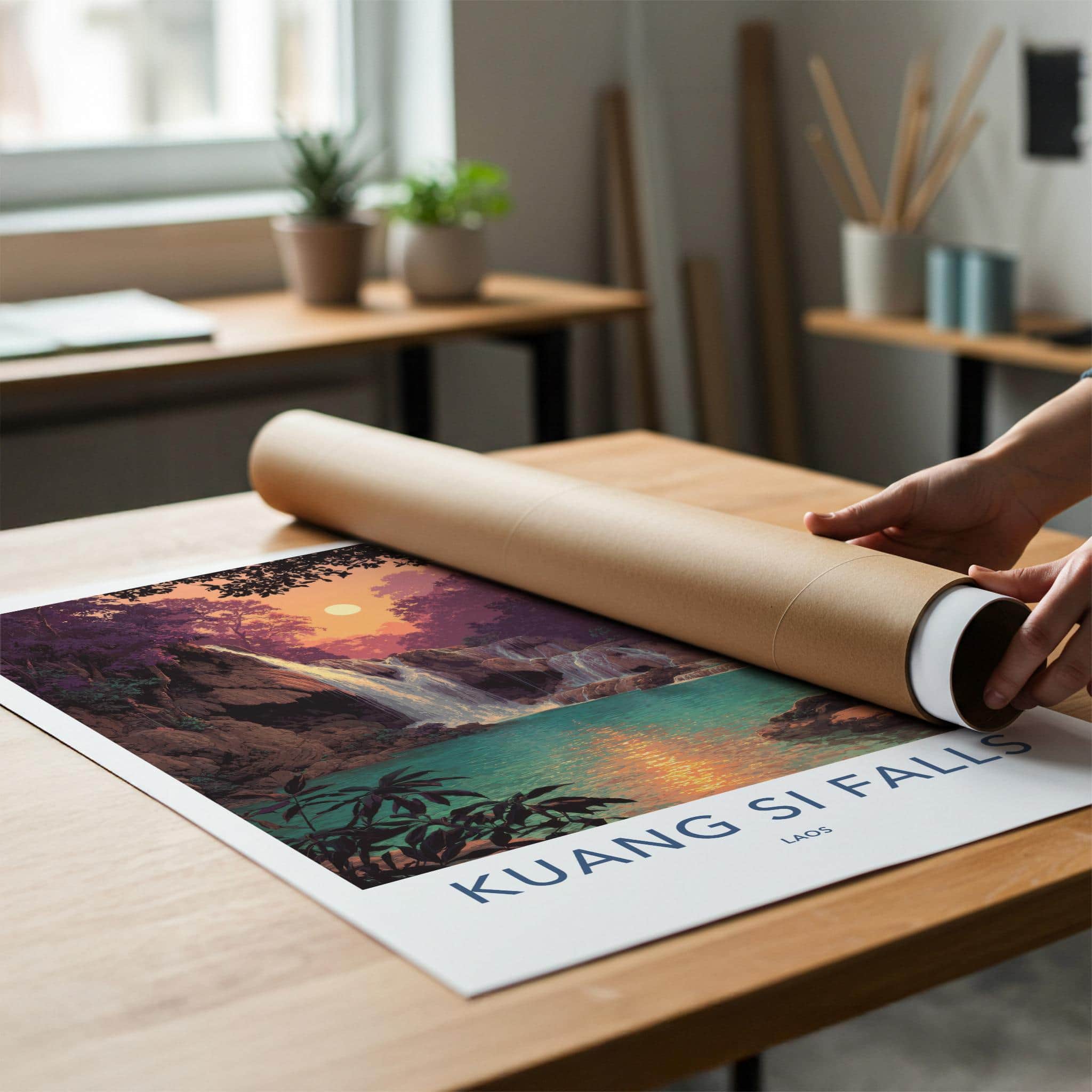 Kuang Si Falls Poster - Laos Travel Art - Lush Falls Sunset Home Decor