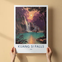 Kuang Si Falls Poster - Laos Travel Art - Lush Falls Sunset Home Decor