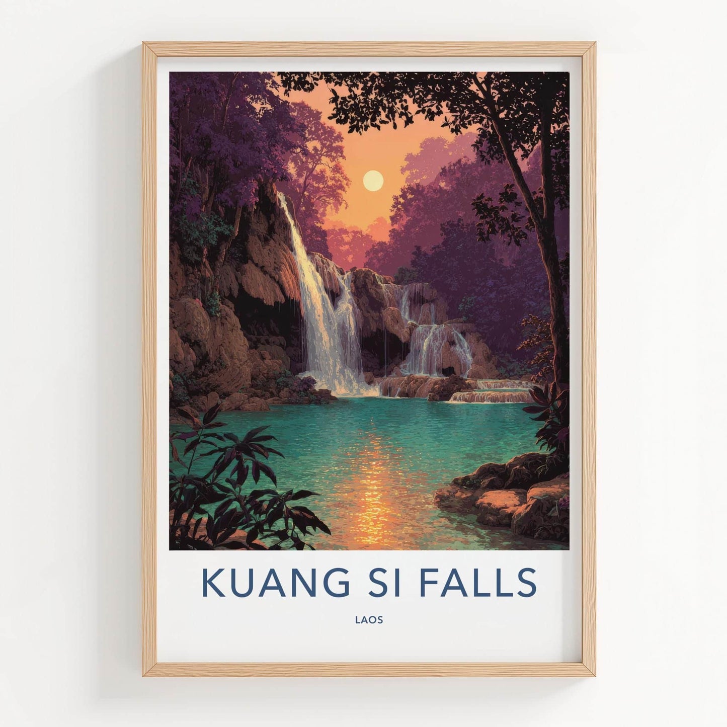 Kuang Si Falls Poster - Laos Travel Art - Lush Falls Sunset Home Decor
