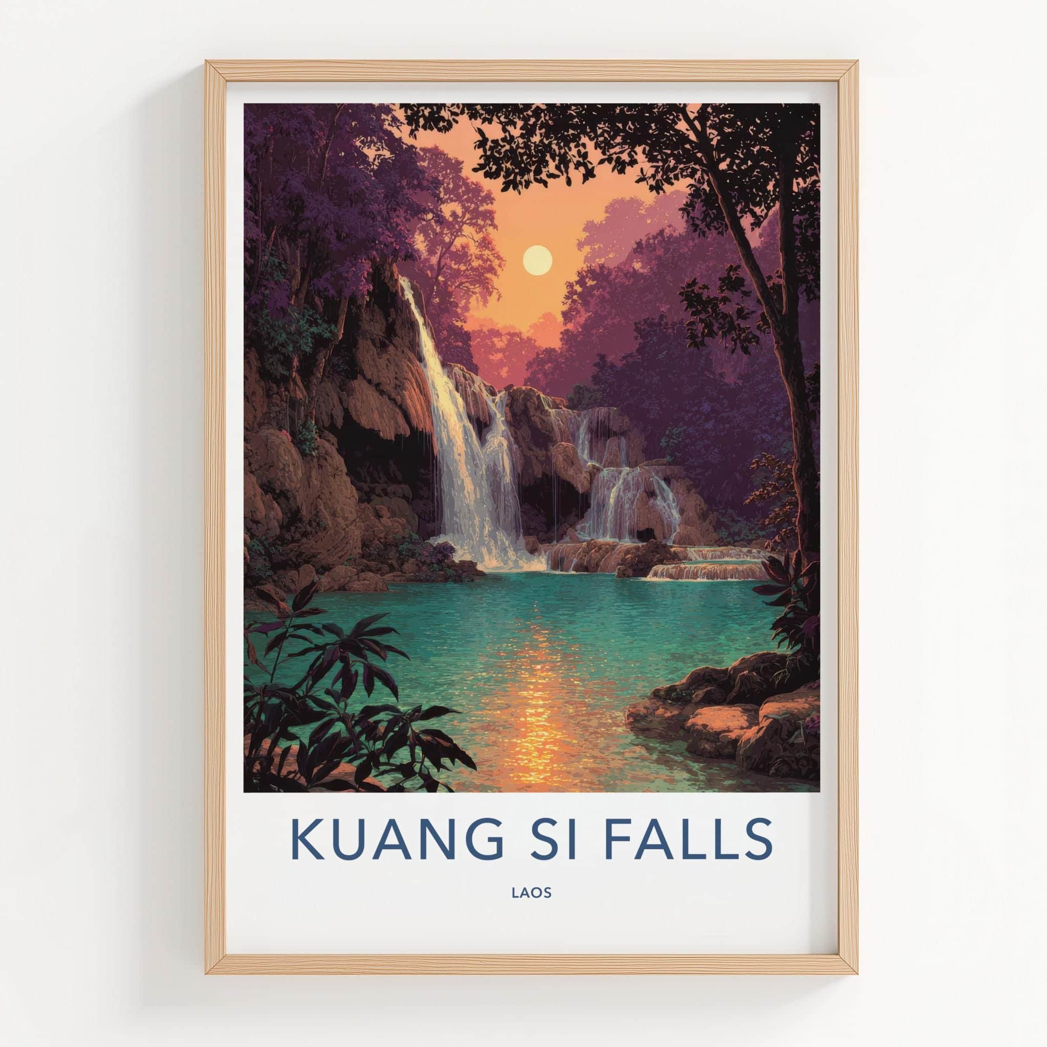 Kuang Si Falls Poster - Laos Travel Art - Lush Falls Sunset Home Decor