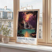 Kuang Si Falls Poster - Laos Travel Art - Lush Falls Sunset Home Decor