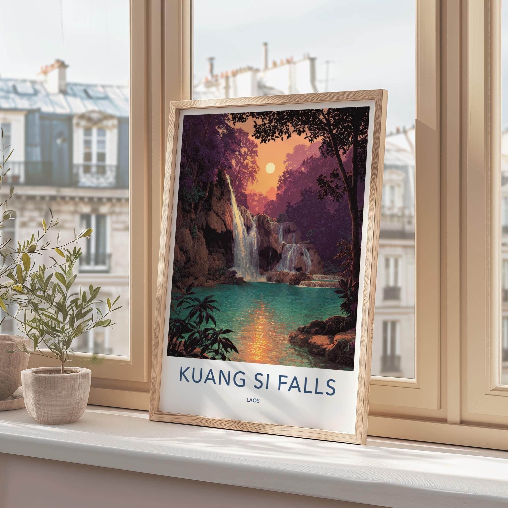 Kuang Si Falls Poster - Laos Travel Art - Lush Falls Sunset Home Decor