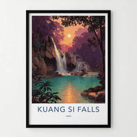 Kuang Si Falls Poster - Laos Travel Art - Lush Falls Sunset Home Decor