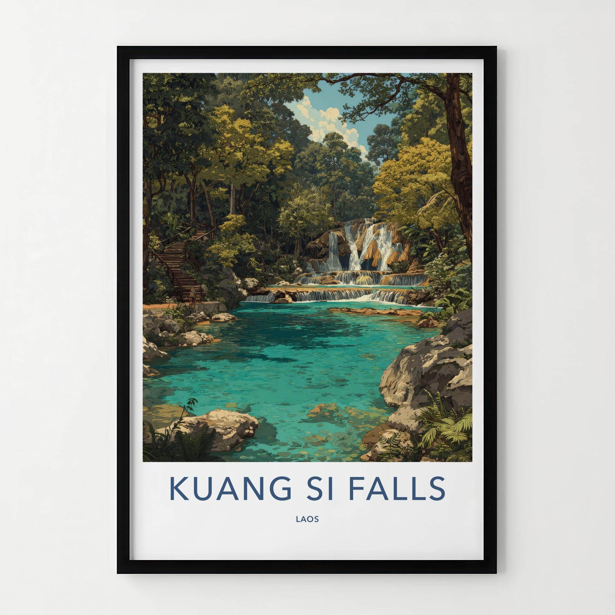 Kuang Si Falls Poster - Laos Travel Art - Lush Jungle Waterfall Wall Decor