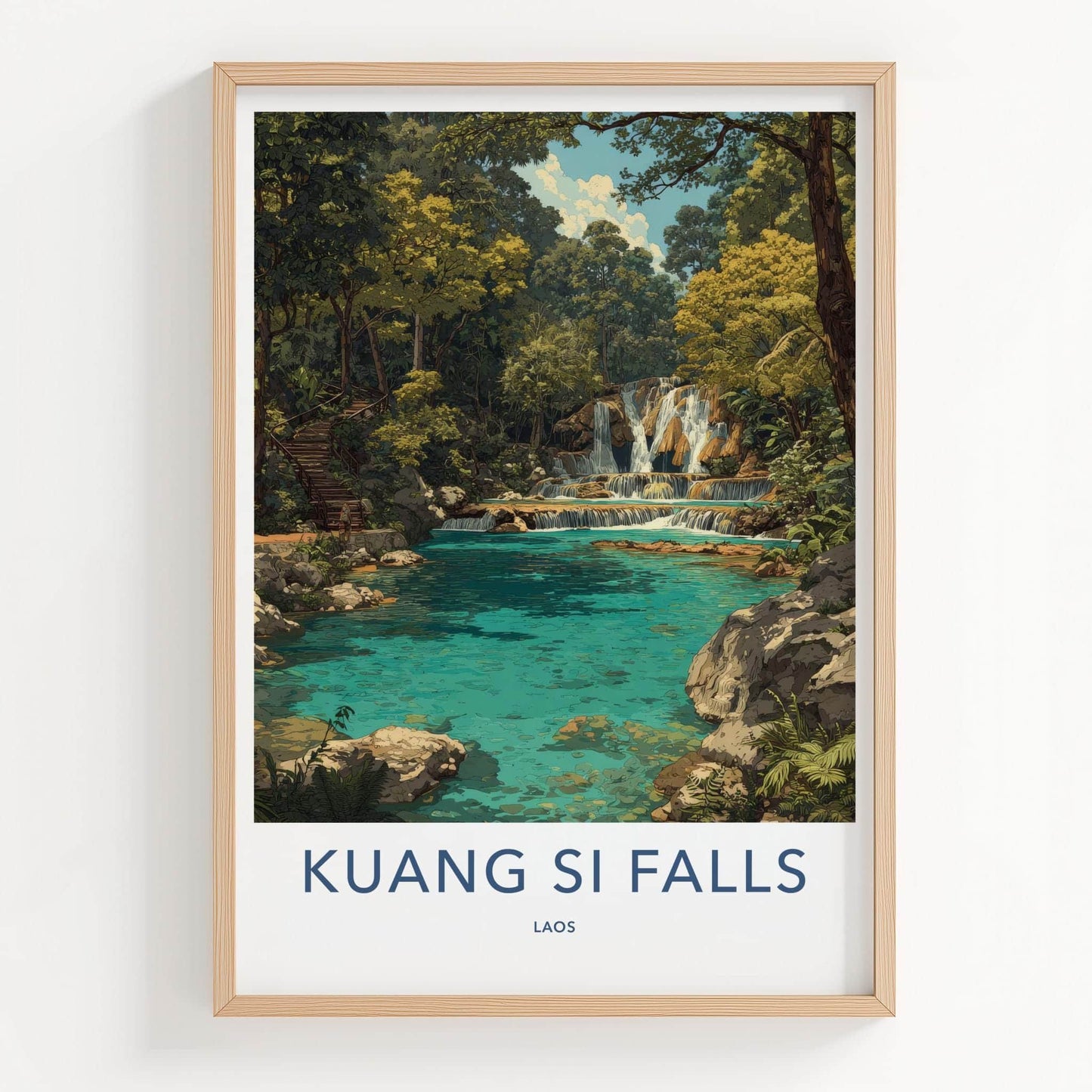 Kuang Si Falls Poster - Laos Travel Art - Lush Jungle Waterfall Wall Decor
