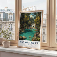 Kuang Si Falls Poster - Laos Travel Art - Lush Jungle Waterfall Wall Decor