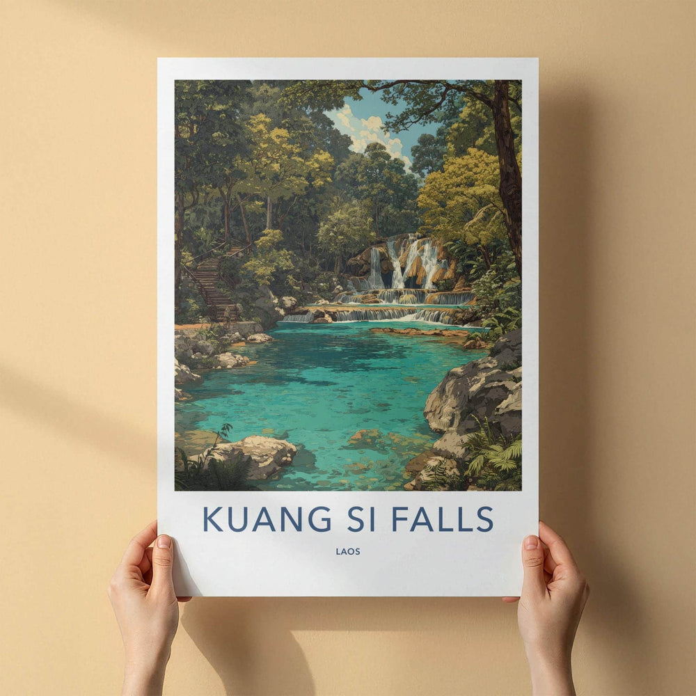 Kuang Si Falls Poster - Laos Travel Art - Lush Jungle Waterfall Wall Decor