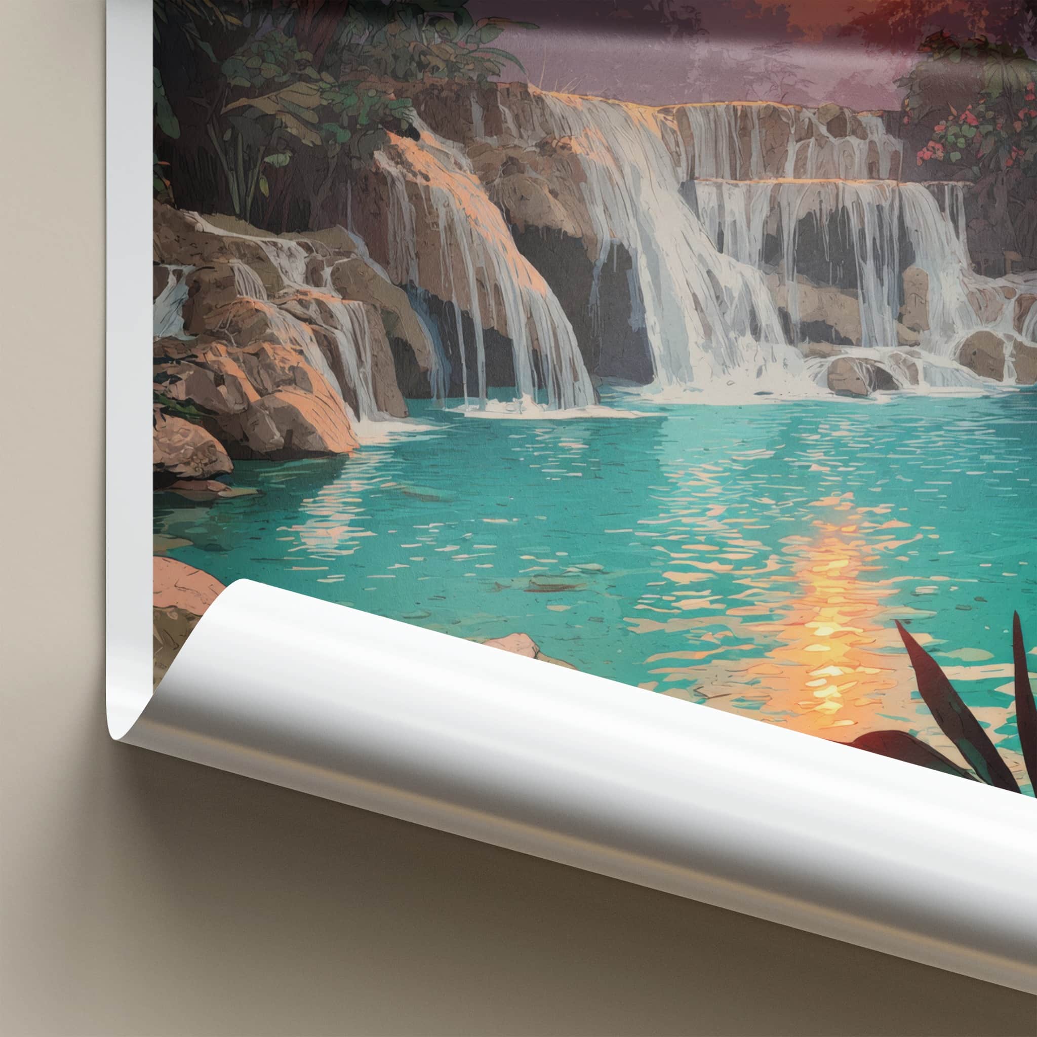 Kuang Xi Falls Poster - Laos Travel Art - Tiered Water Turquoise Home Decor