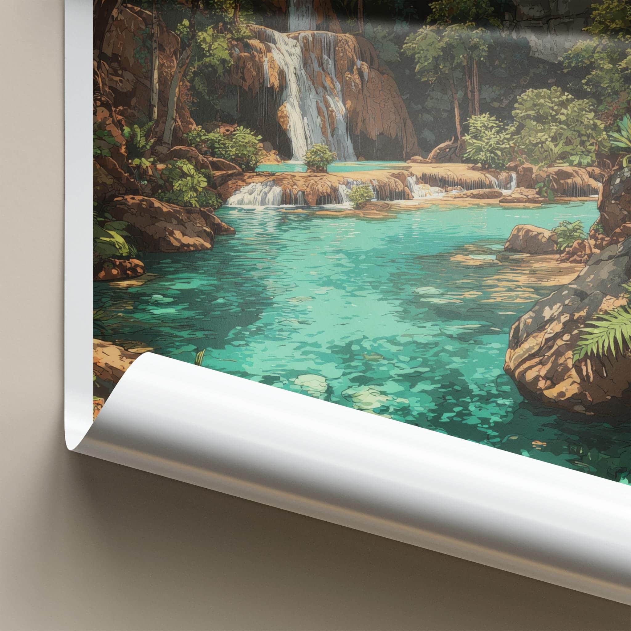 Kuang Xi Falls Poster - Laos Travel Art - Turquoise Waterfall Pools Home Decor