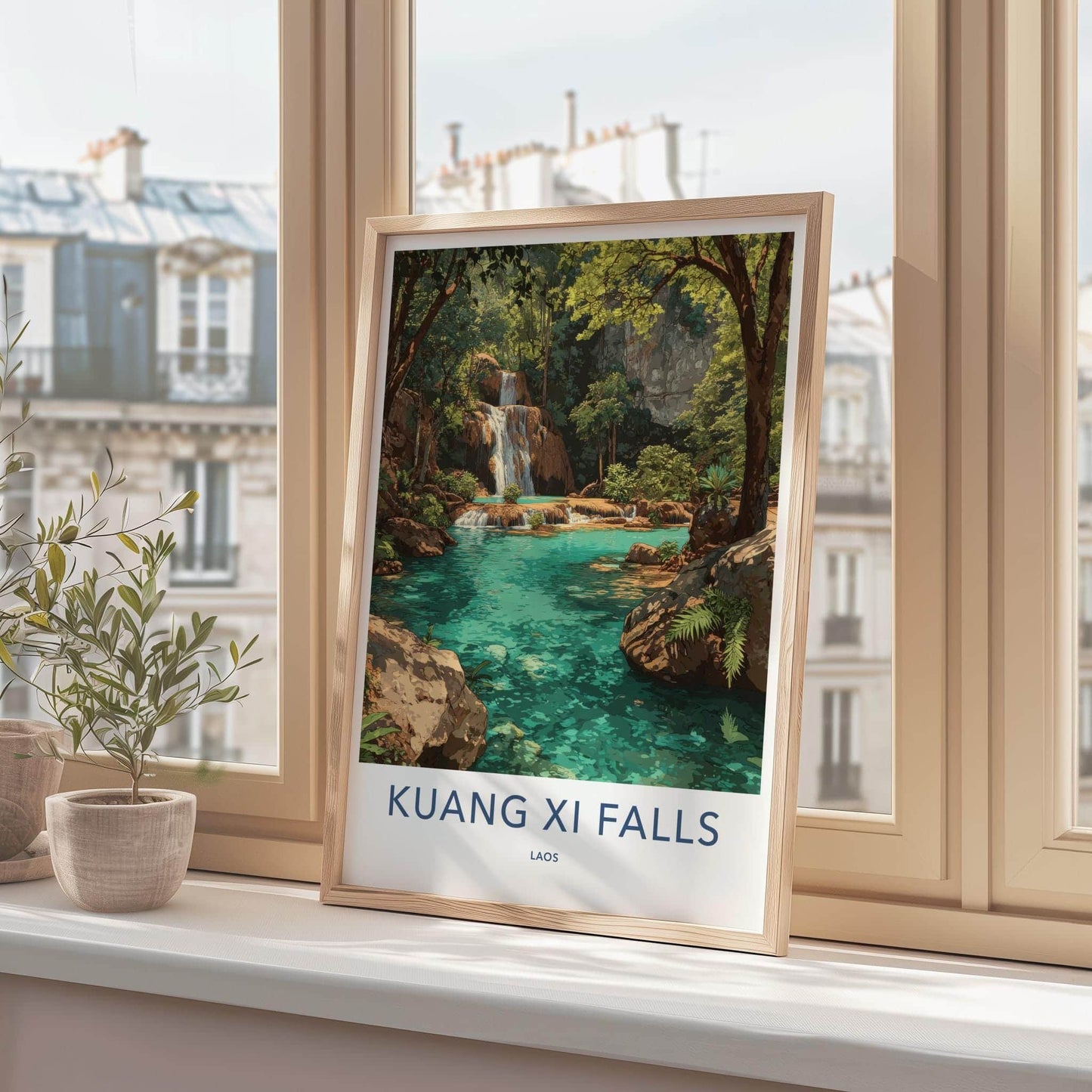Kuang Xi Falls Poster - Laos Travel Art - Turquoise Waterfall Pools Home Decor