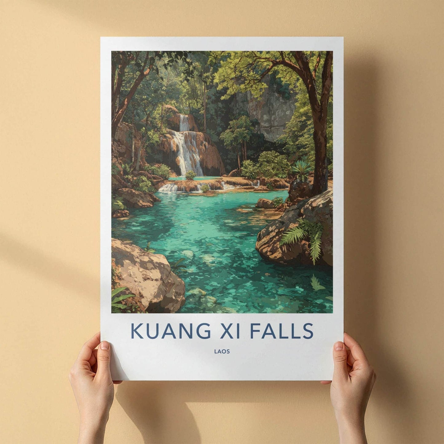Kuang Xi Falls Poster - Laos Travel Art - Turquoise Waterfall Pools Home Decor