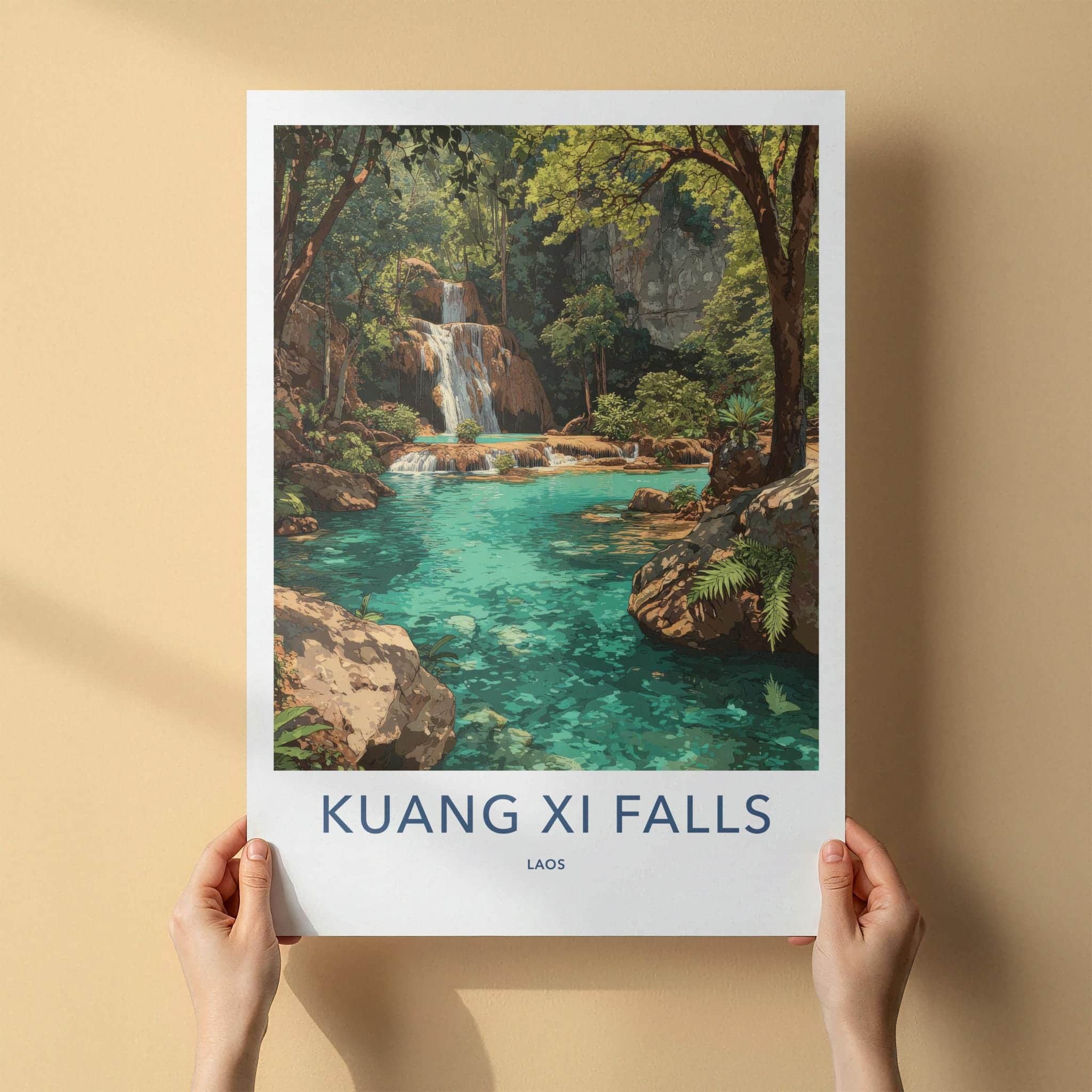 Kuang Xi Falls Poster - Laos Travel Art - Turquoise Waterfall Pools Home Decor