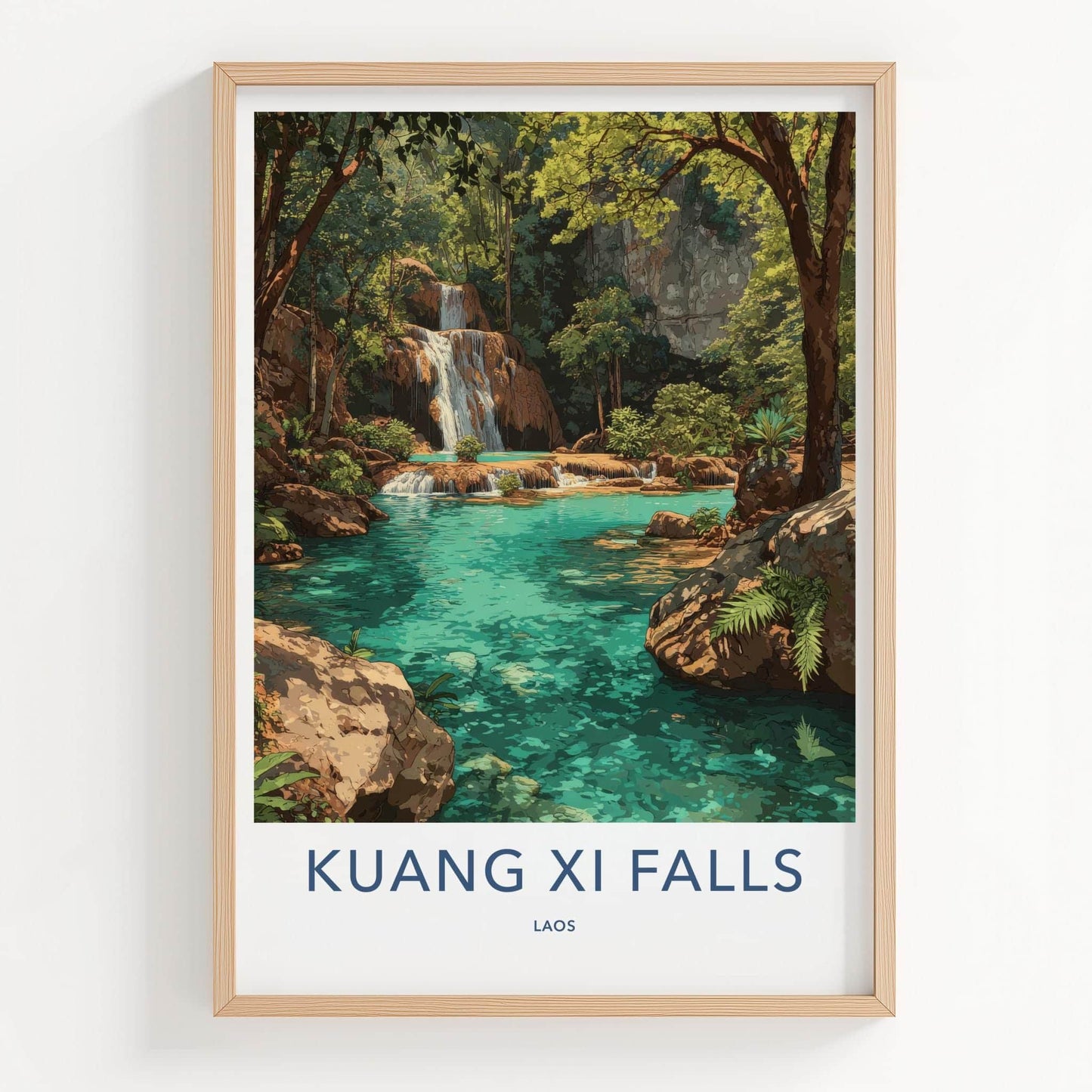 Kuang Xi Falls Poster - Laos Travel Art - Turquoise Waterfall Pools Home Decor