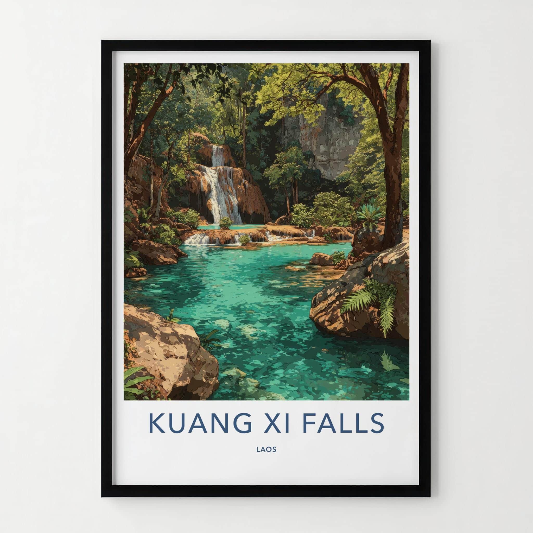 Kuang Xi Falls Poster - Laos Travel Art - Turquoise Waterfall Pools Home Decor