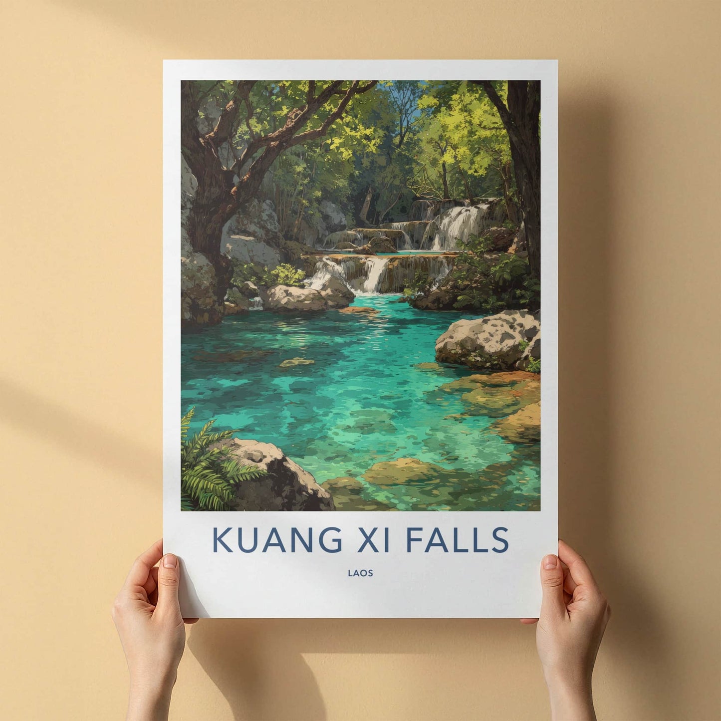 Kuang Xi Falls Poster - Laos Travel Print - Clear Turquoise Water Home Decor