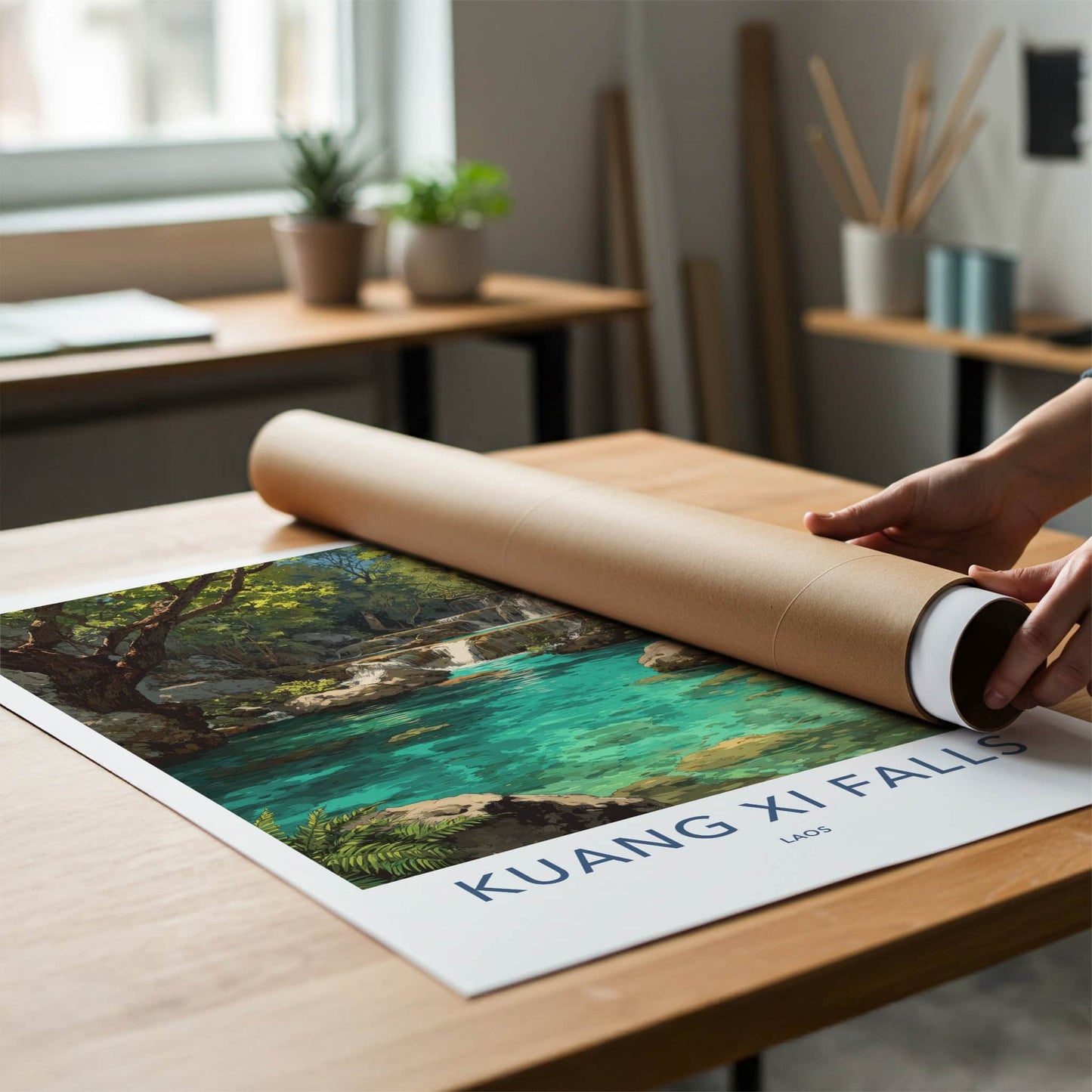 Kuang Xi Falls Poster - Laos Travel Print - Clear Turquoise Water Home Decor